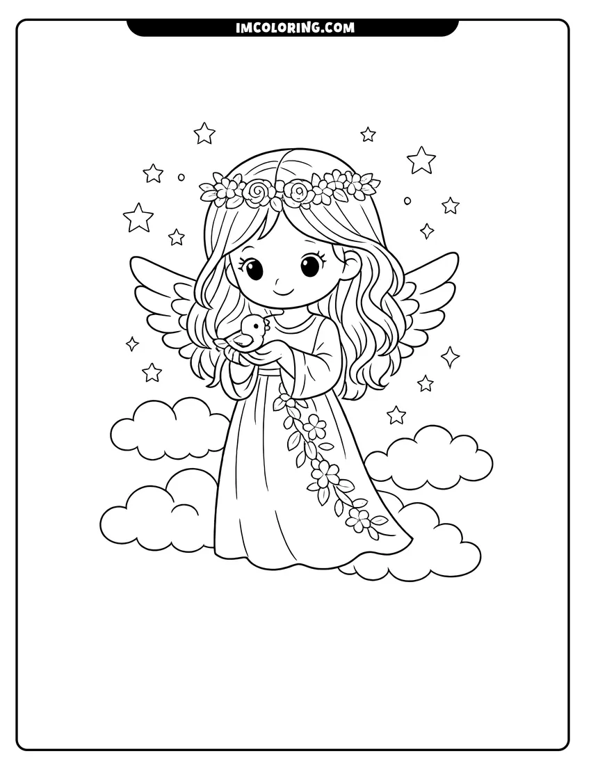 Cute Girl angel with flowers holding a tiny bird outline for coloring