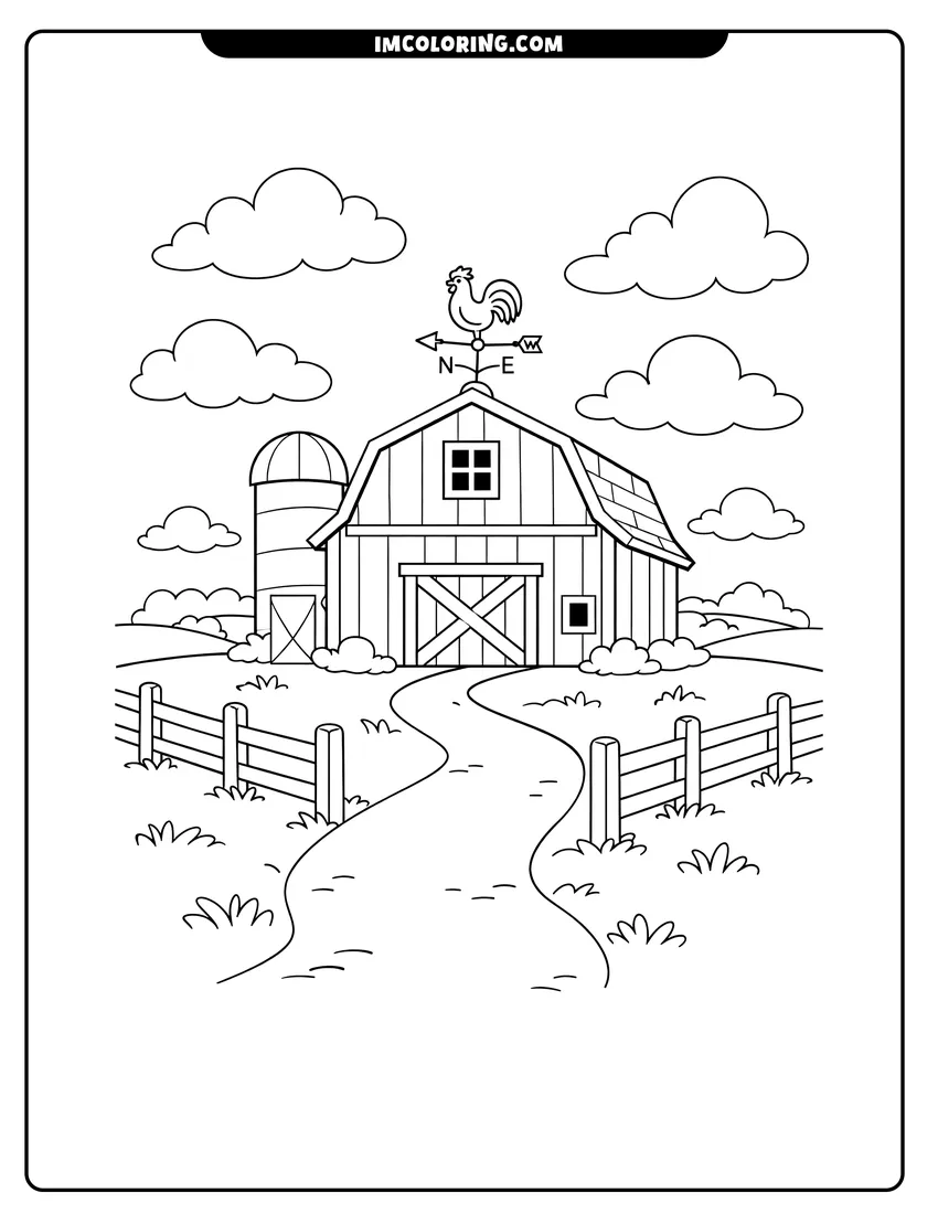 Kids activity sheet showing Barn with a weather vane and dirt path