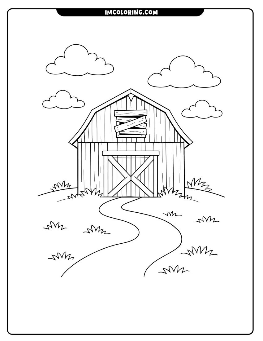 Simple line drawing of Rustic wooden barn with weathered vertical planks