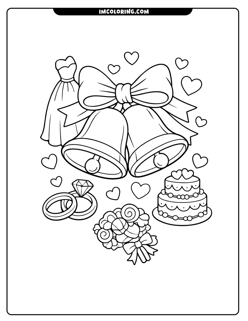 Kawaii style Two wedding bells with a cake and diamond rings coloring picture