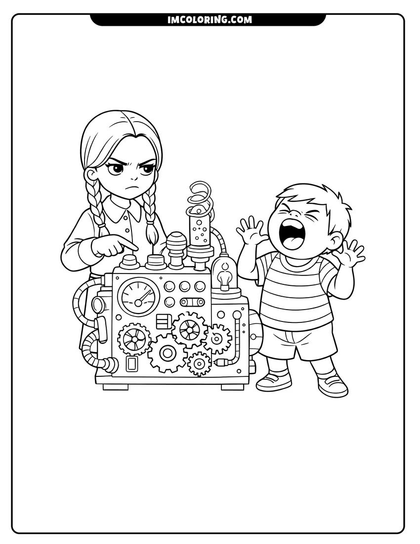 Coloring sheet of Wednesday Addams operating a device on Pugsley on a rack for kids