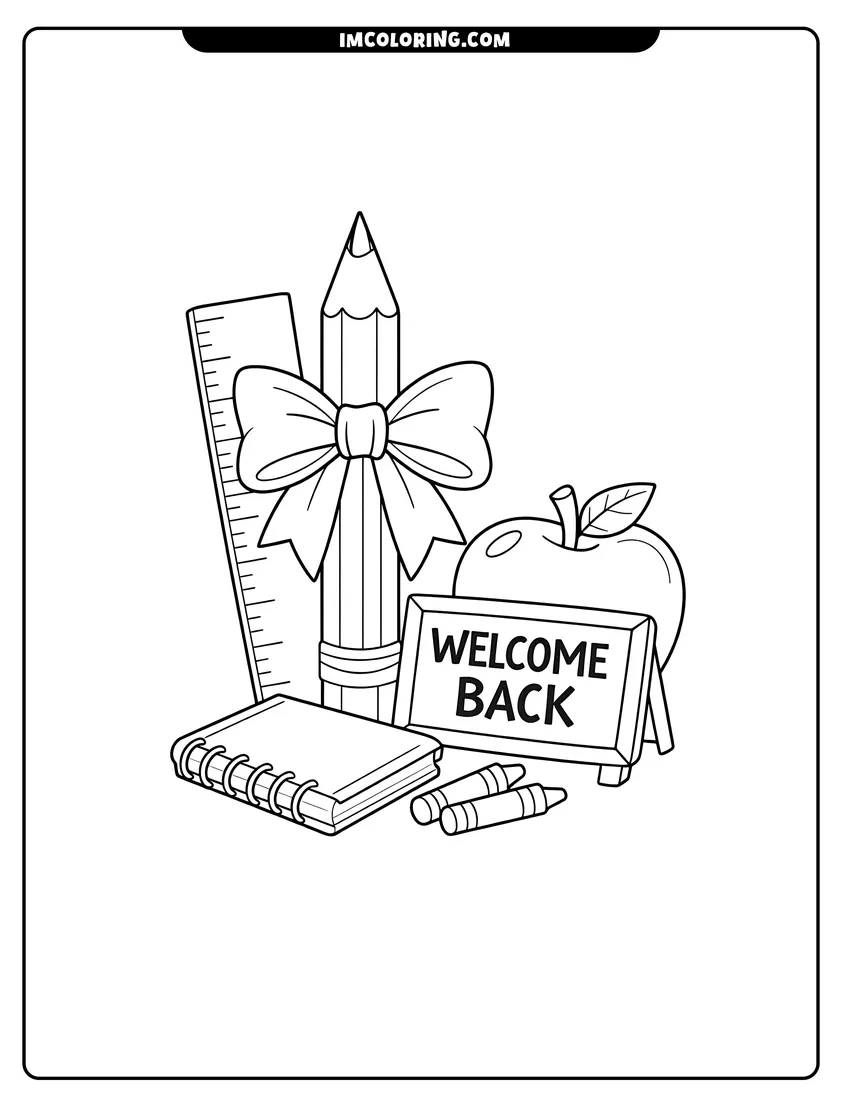 Pencil with bow, apple, and welcome back blackboard coloring page for preschoolers