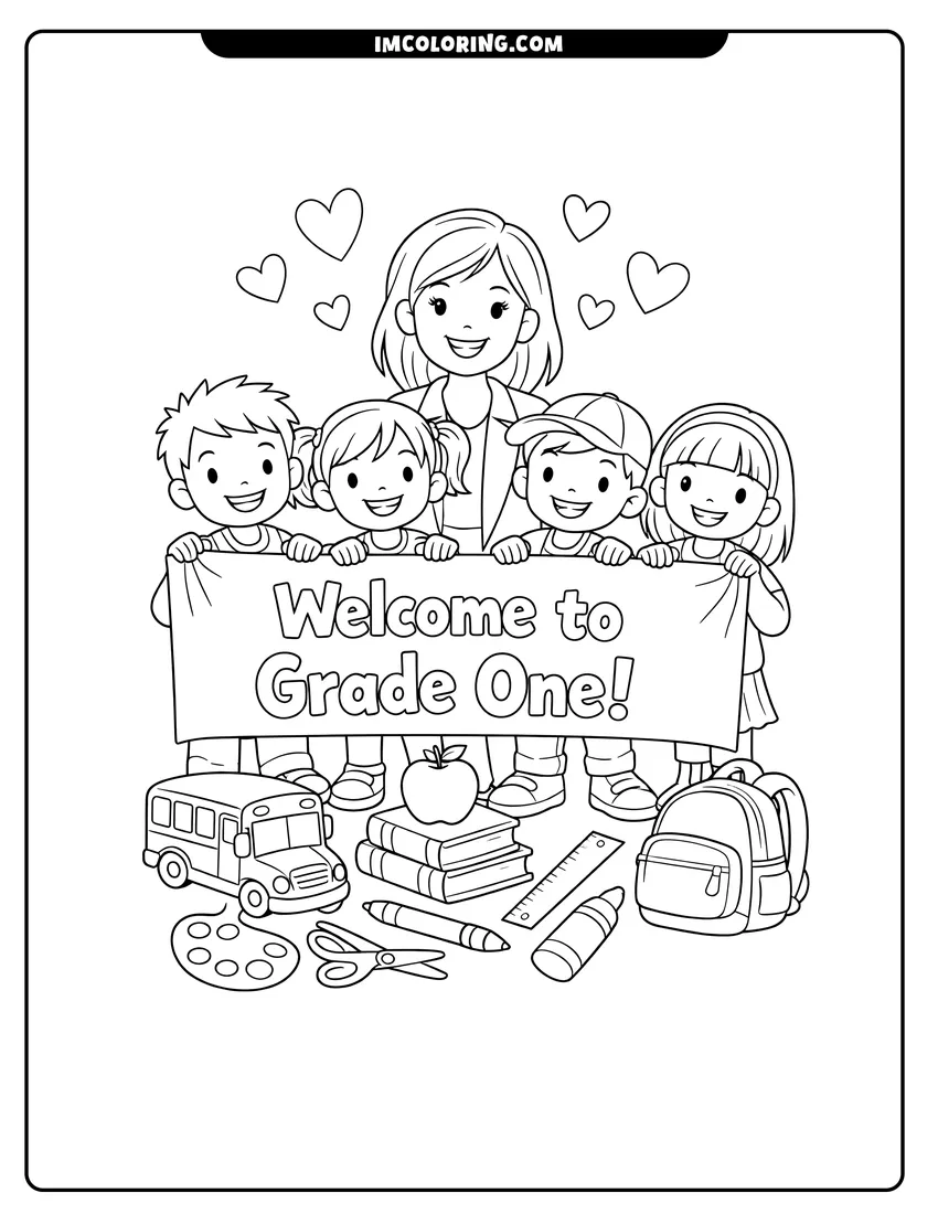 Simple line drawing of Teacher and students holding a welcome to grade one banner