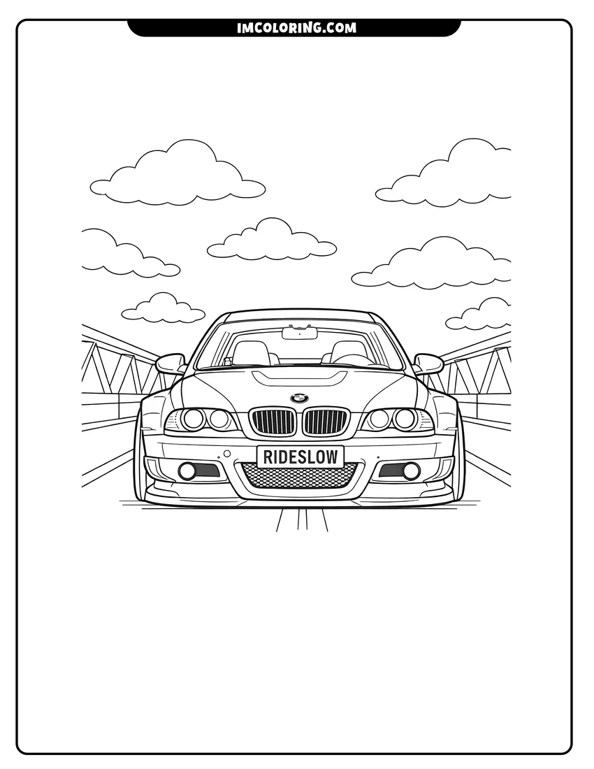 Coloring sheet of Bmw E46 M3 with wide body kit on road for kids