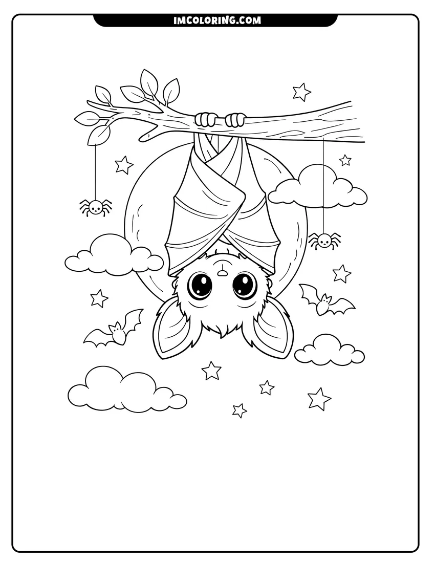 Printable coloring page featuring Wide eyed bat hanging upside down with spiders