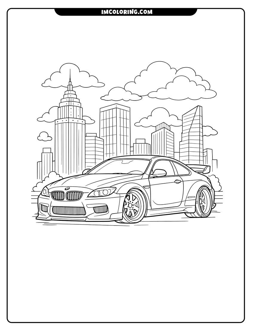 Detailed Modified Bmw M6 coupe in the city design for coloring