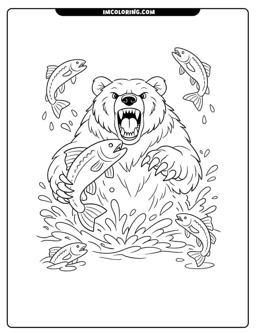 Coloring sheet of Grizzly bear catching a salmon in a river for kids