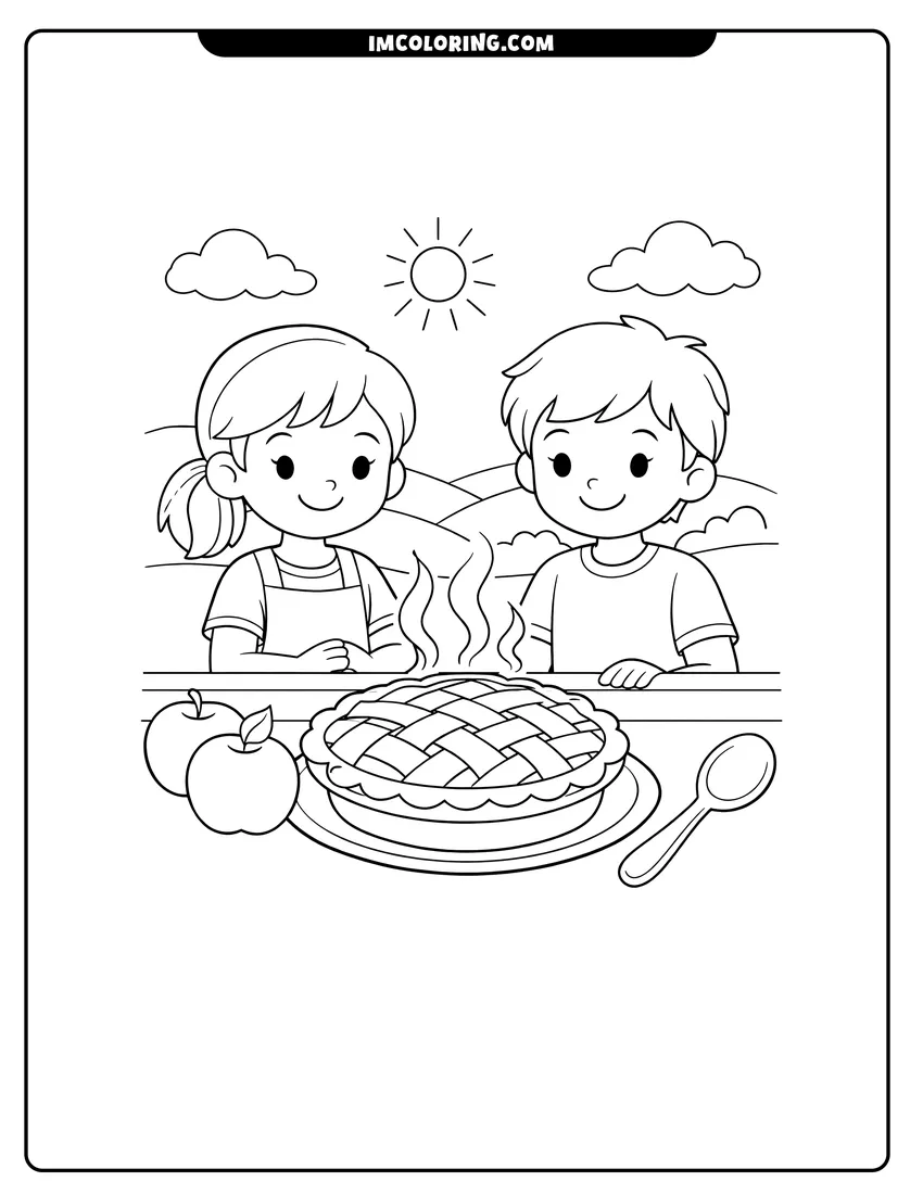 Coloring sheet of Apple pie on a windowsill for kids