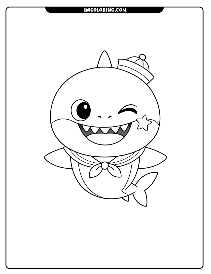 Scene showing Winking Baby Shark with a star on his cheek to color