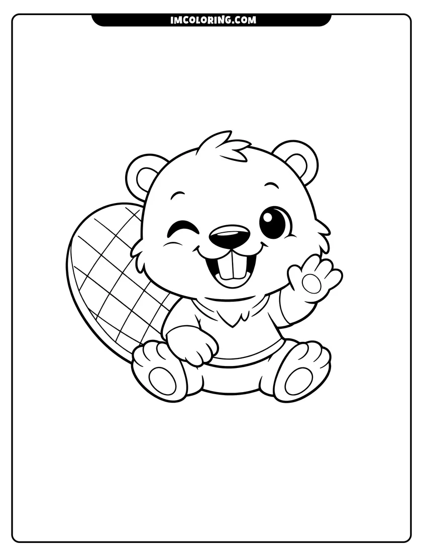 Chibi beaver winking and waving with big teeth drawing meant for coloring
