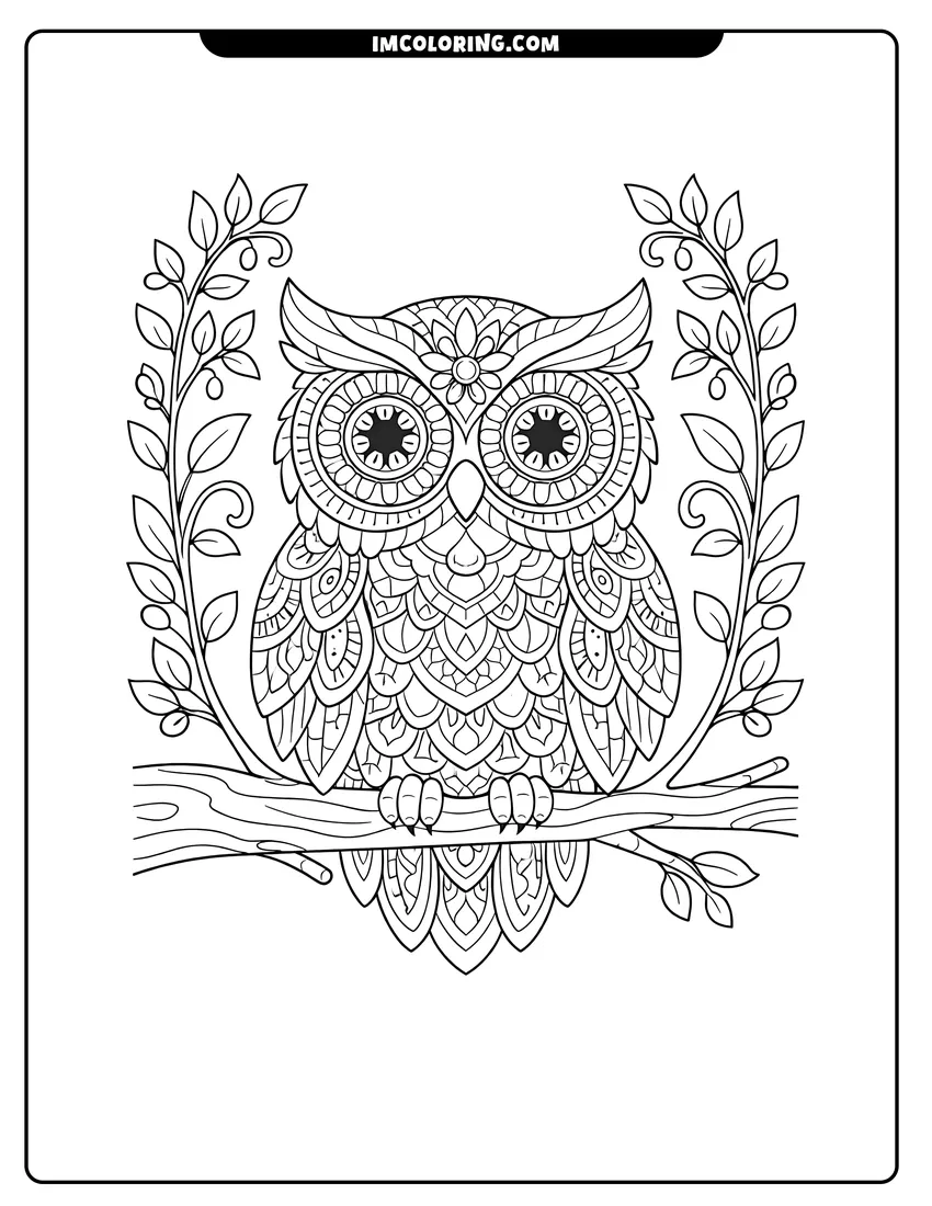 Coloring sheet of Wise owl with patterned eyes framed by leafy vines for kids