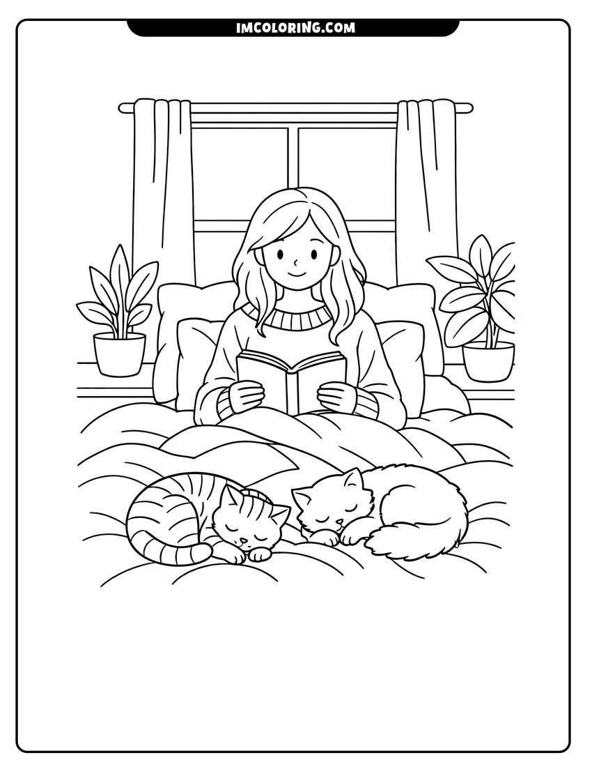 Line art depicting Woman reading in bed with two sleeping cats