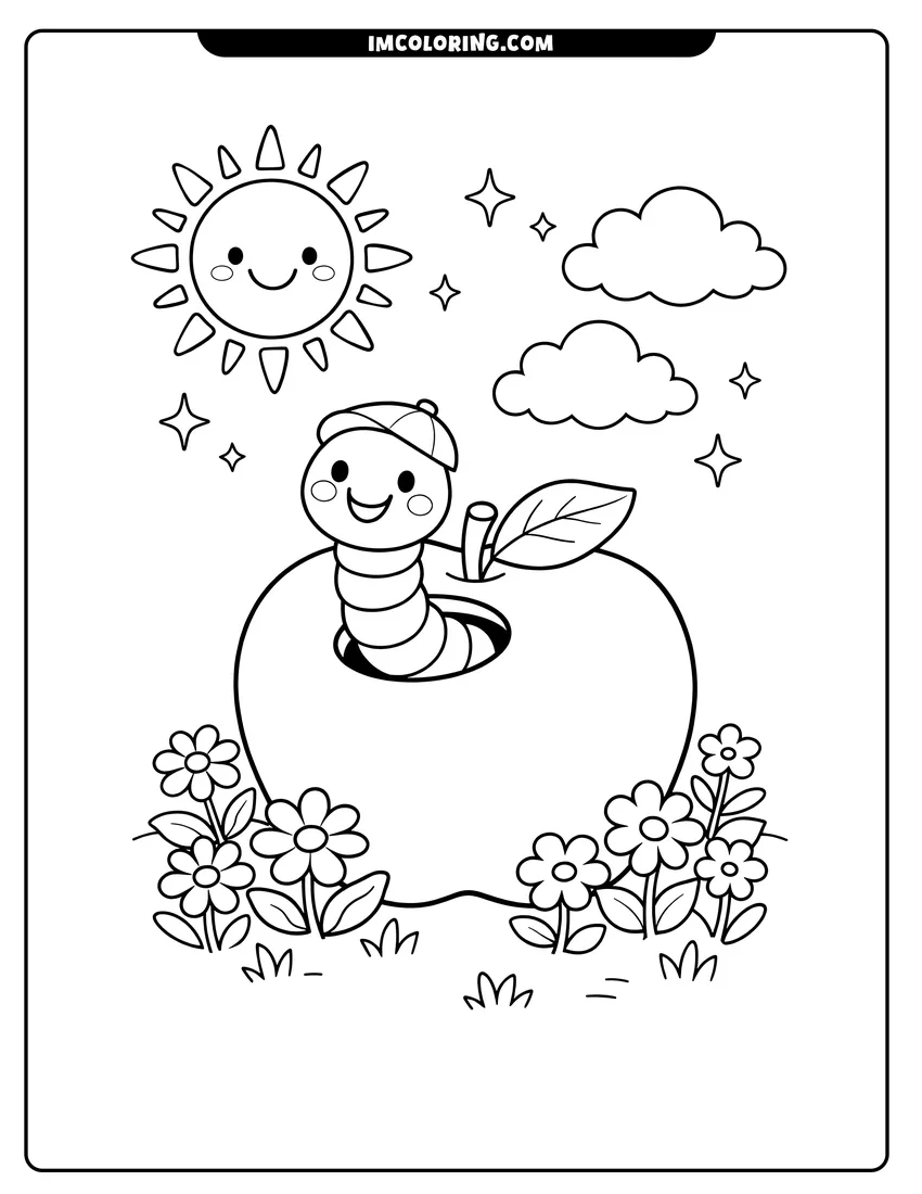 Simple sketch of Worm popping out of Apple for children