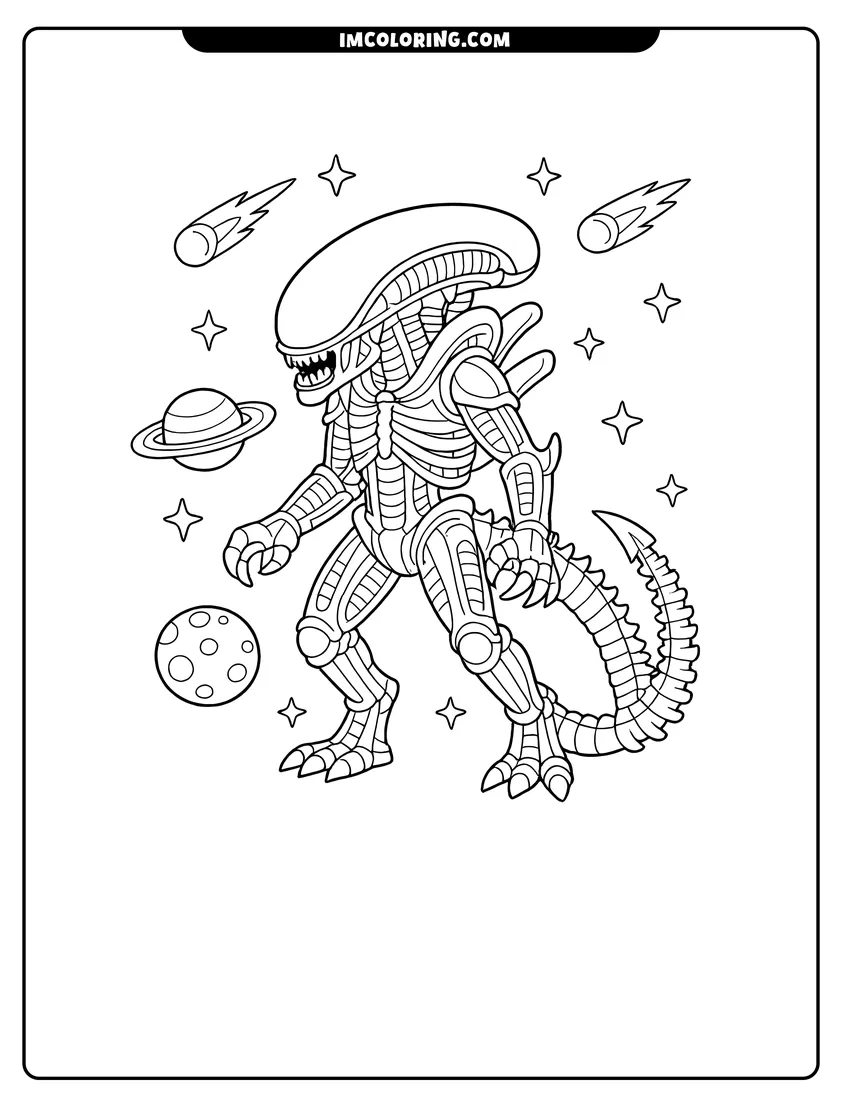 Printable coloring page featuring Xenomorph alien with an elongated head in space