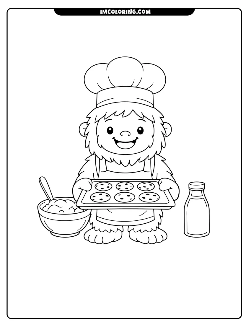 Cute Yeti chef wearing hat and apron baking cookies drawing meant for coloring