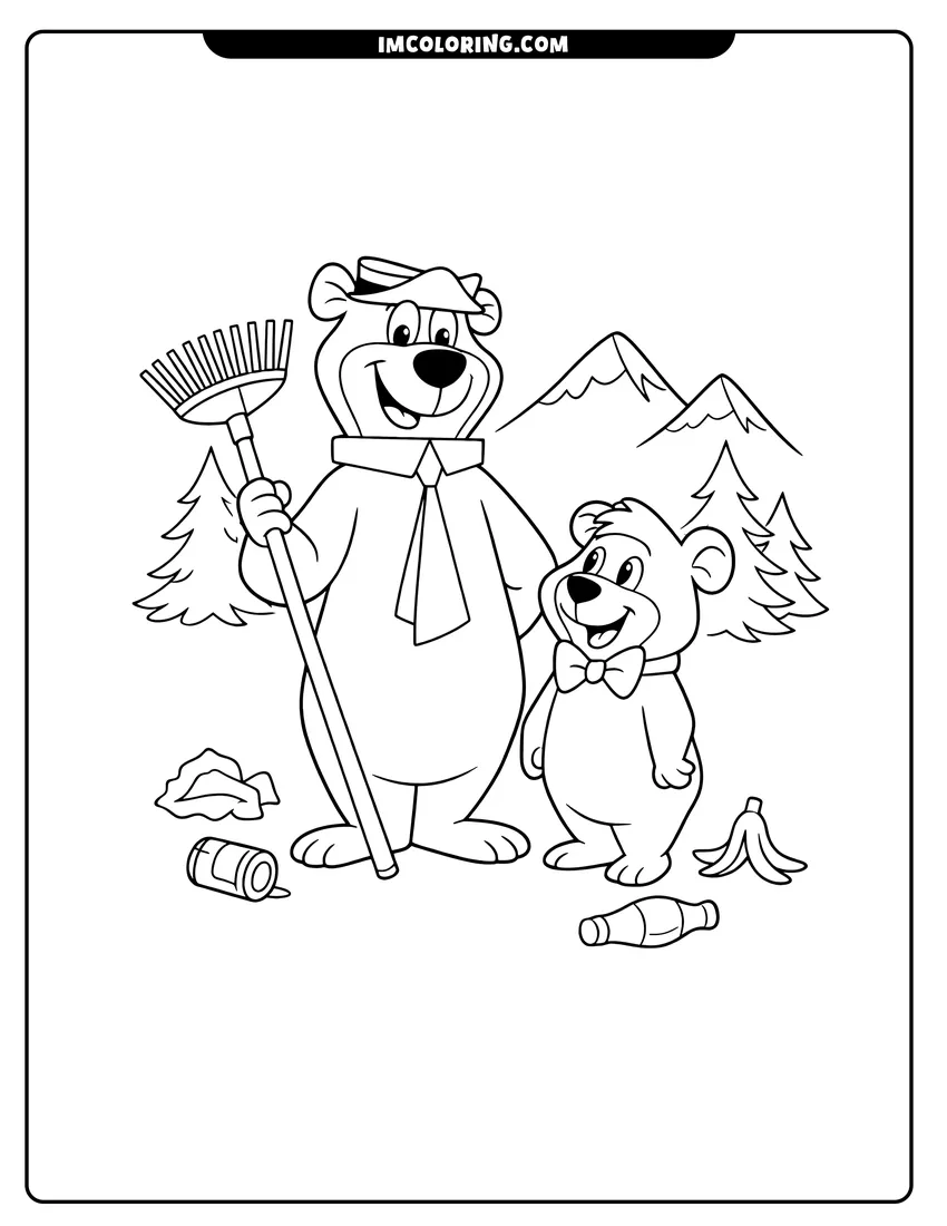 Coloring sheet of Yogi Bear and Boo-Boo holding a rake for kids