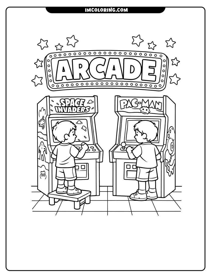 Printable outline of 80S boys playing arcade game machines