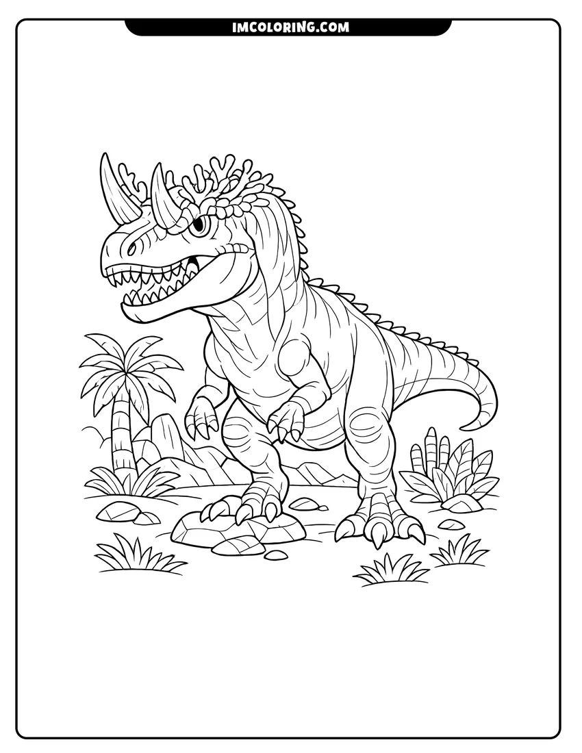 Coloring sheet of Young Allosaurus with horns and prehistoric plants for kids