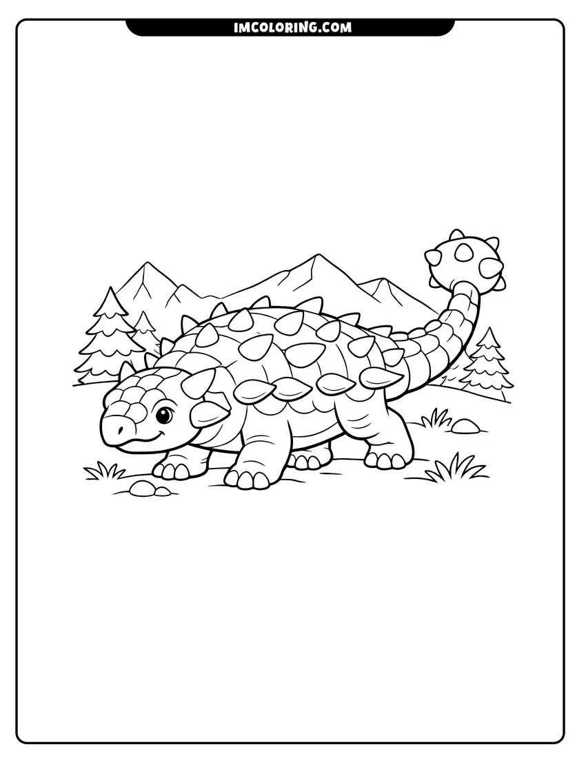 Black and white Baby Ankylosaurus with side spikes walking in a grassy field coloring sheet