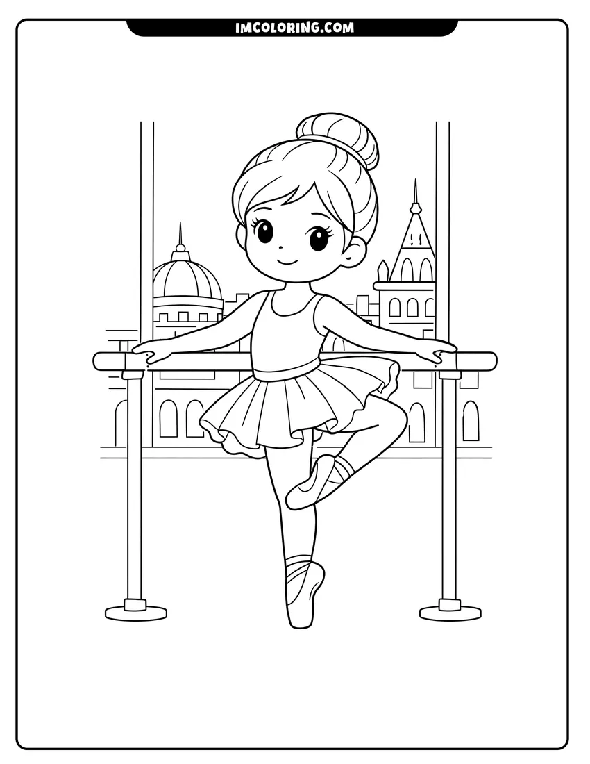 Printable coloring page featuring Young ballerina practicing at a barre with city view