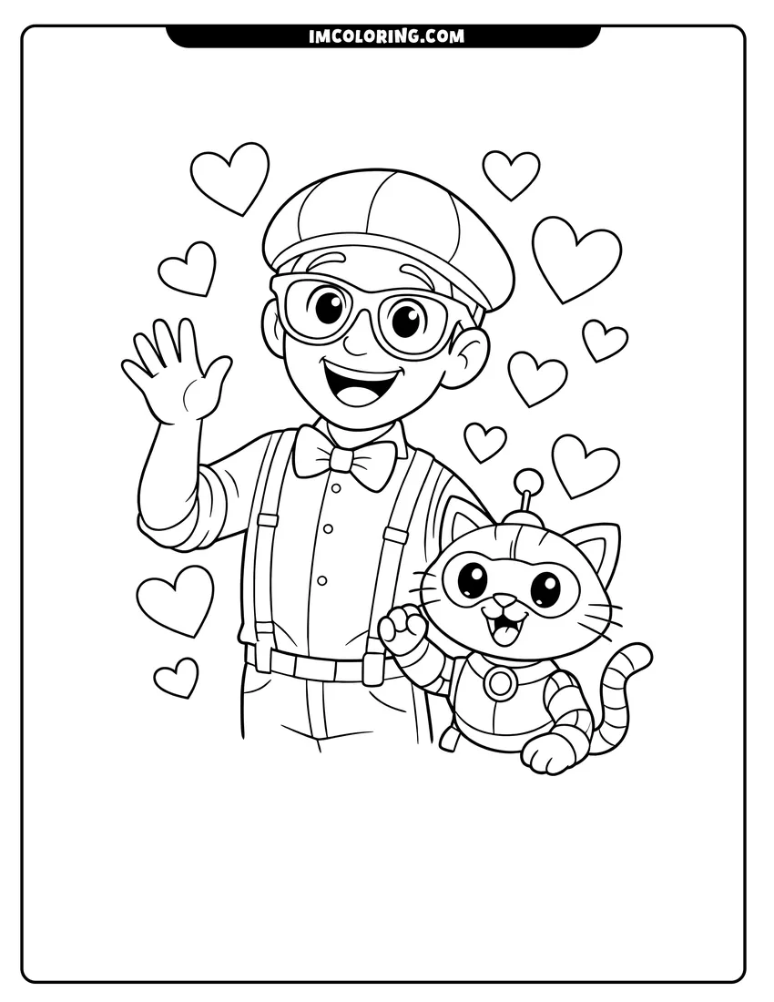 Coloring sheet of Young Blippi with a robotic cat and floating hearts for kids