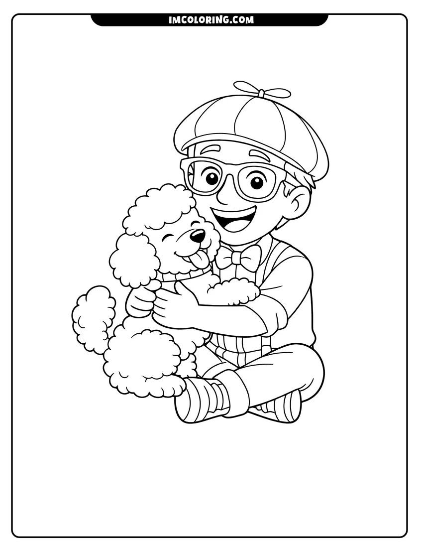 Printable coloring page featuring Young Blippi hugging a fluffy poodle dog