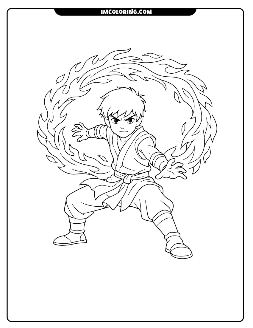 Black and white Firebender with swirling fire arc coloring sheet
