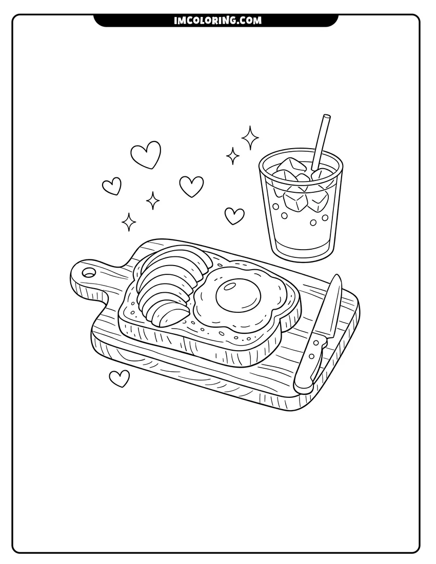 Black and white Avocado toast with a fried egg and iced coffee drink coloring sheet