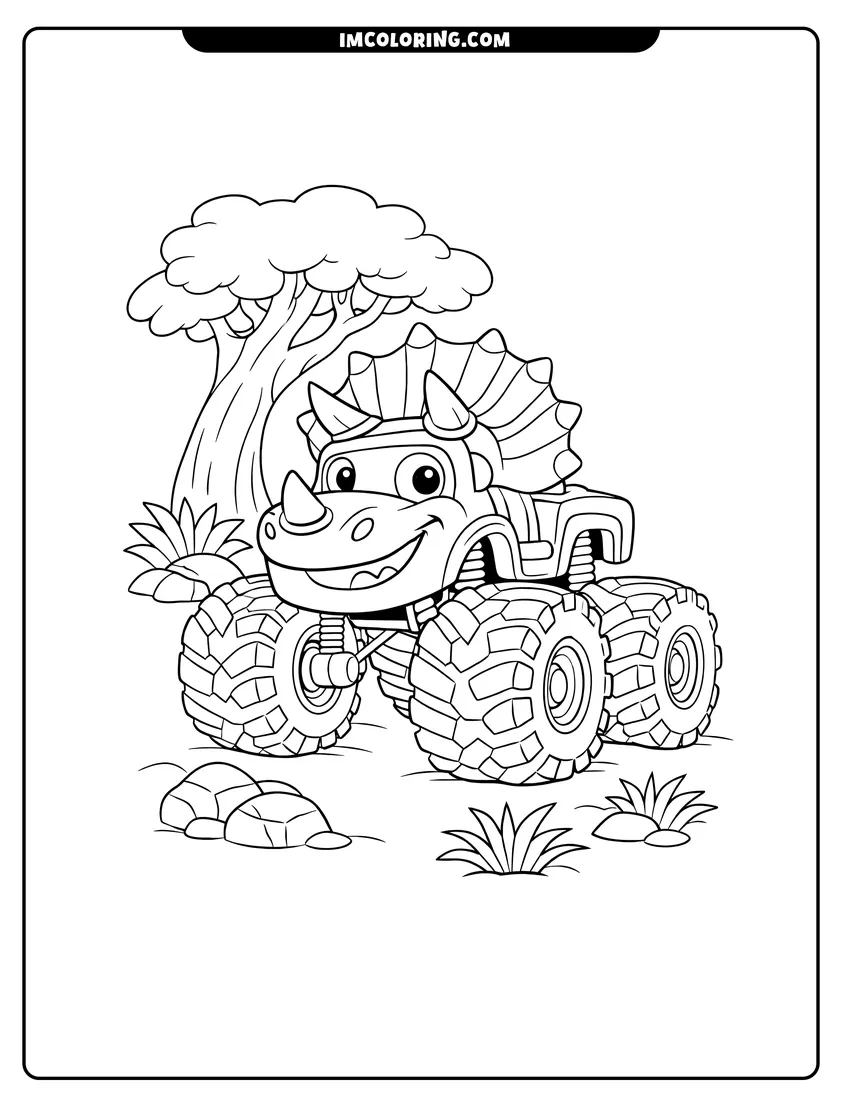 Simple line drawing of Zeg the dinosaur monster truck in a jungle