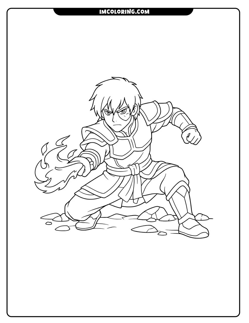 Printable outline of Zuko in a firebending stance