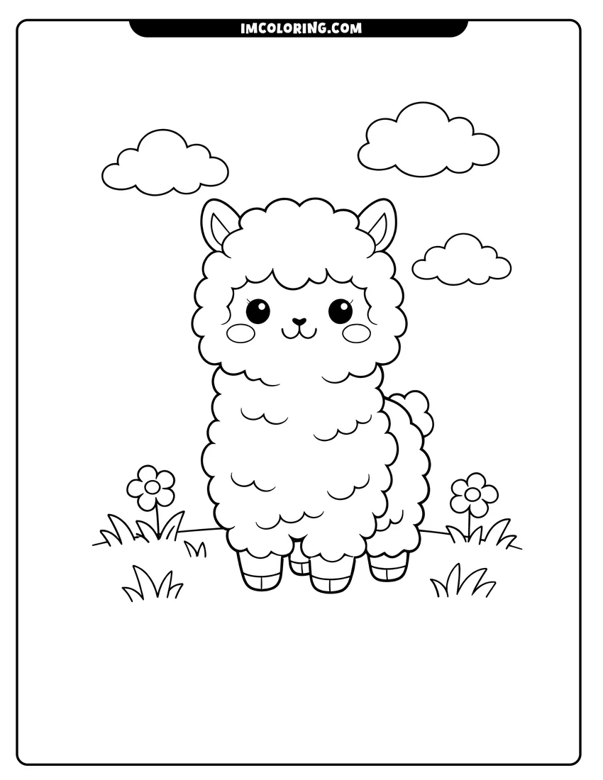 Detailed Kawaii alpaca with rosy cheeks in a flower field design for coloring