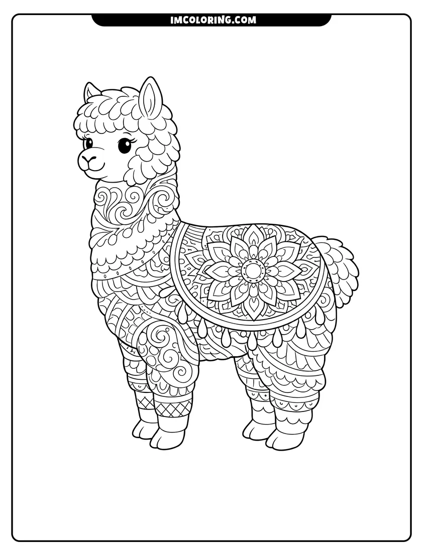 Coloring sheet of Alpaca decorated with zentangle and mandala patterns for kids
