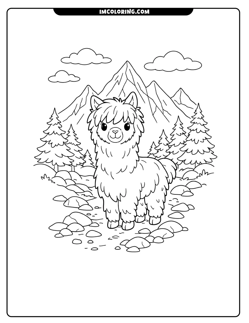 Simple line drawing of Fluffy alpaca on a rocky mountain trail with pines