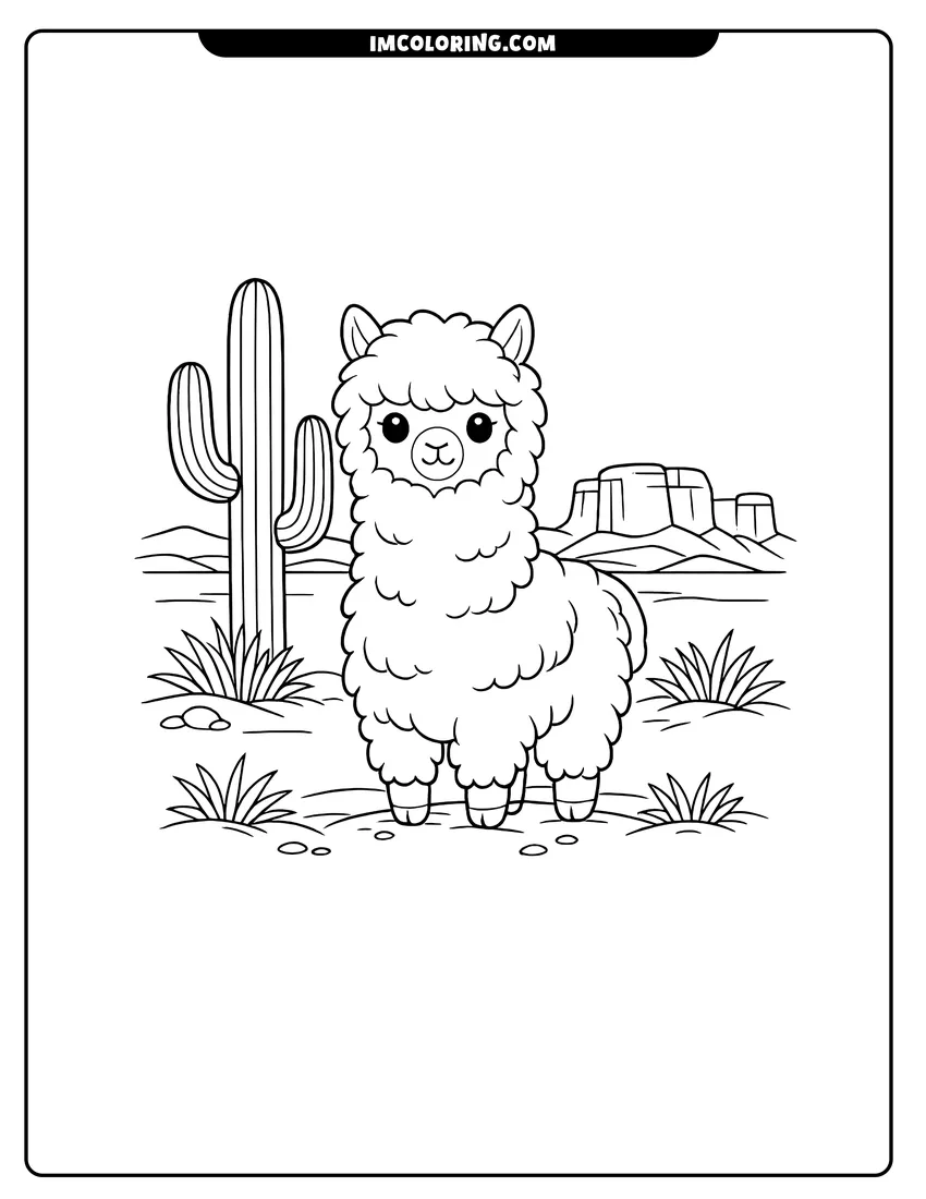 Printable coloring page featuring Calm alpaca in a desert with a cactus