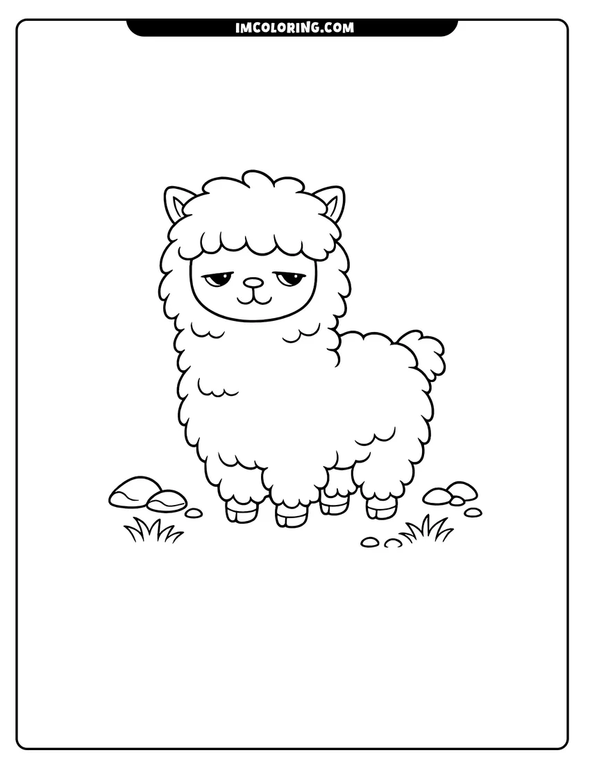 Simple sketch of Sleepy alpaca with a thick coat standing on rocks for children
