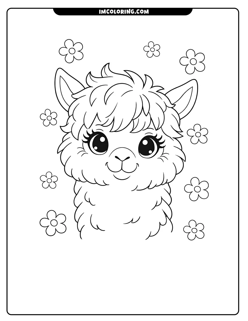 Black and white Close-up of a fluffy alpaca face with eyelashes coloring sheet