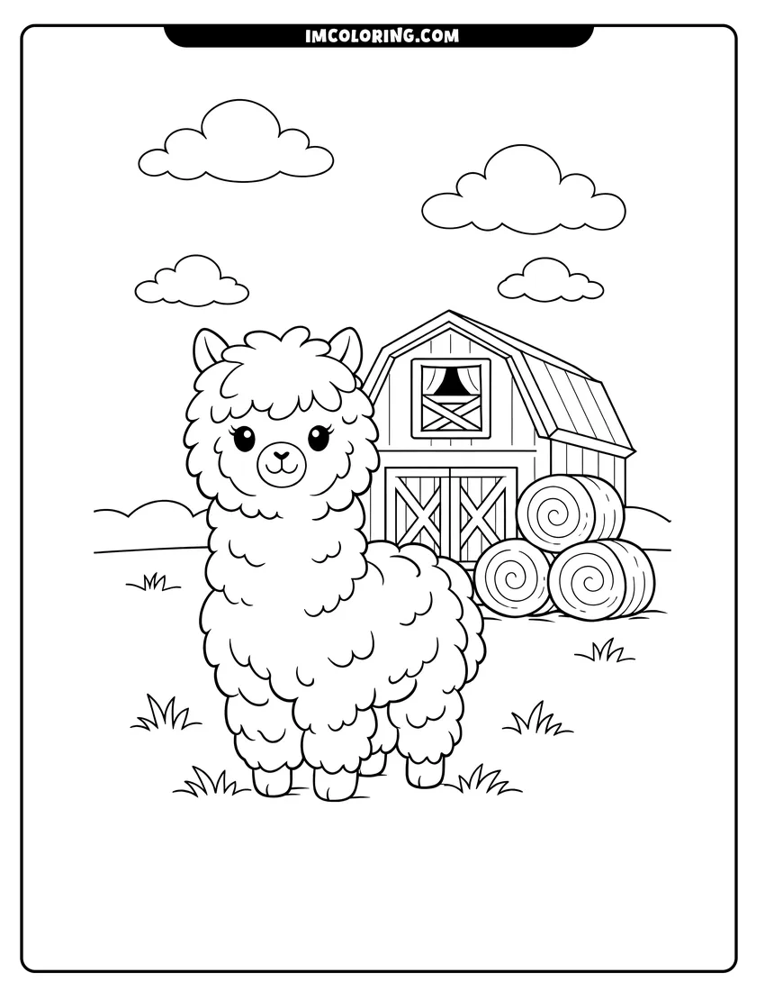 Illustration of Fluffy alpaca in front of a farm barn ready for painting