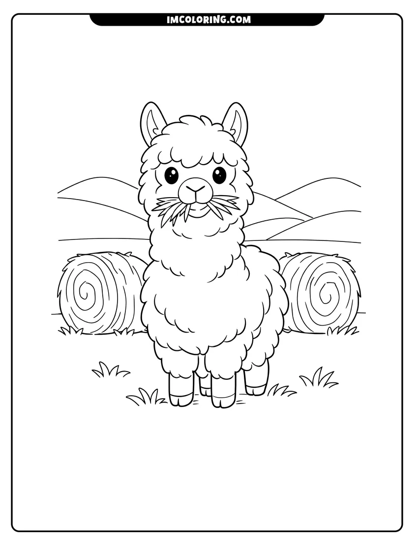 Fluffy alpaca eating hay next to large bales drawing meant for coloring