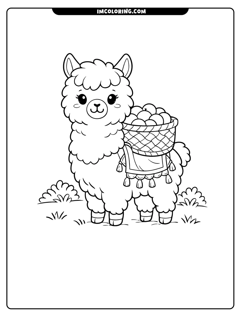 Line art depicting Friendly alpaca carrying woven baskets filled with fruit