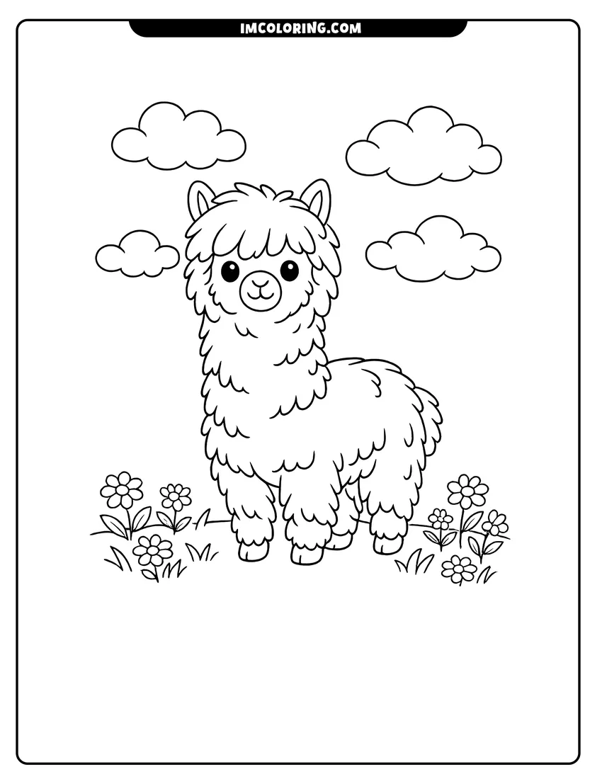 Printable Friendly alpaca standing in a field of wildflowers coloring activity
