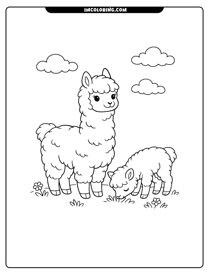Kawaii style Mother alpaca and baby cria grazing in a field coloring picture