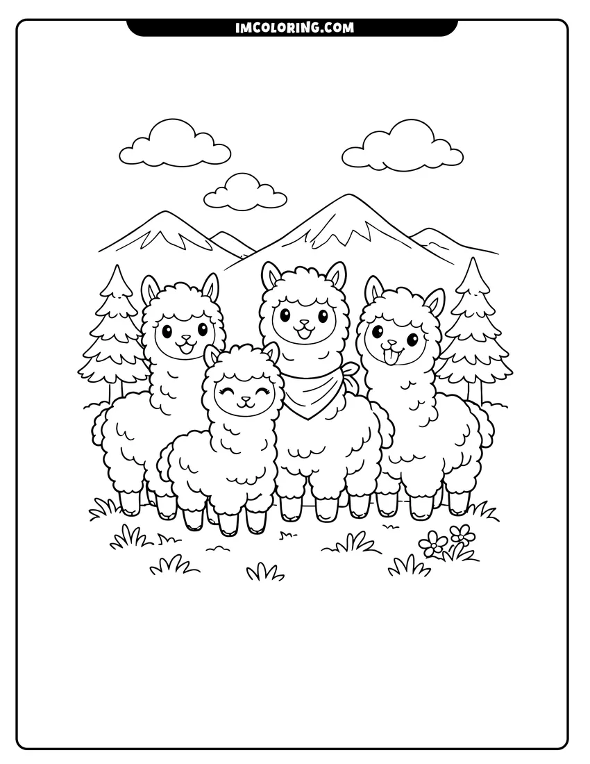 Scene showing Herd of five alpacas standing on a mountain hill to color