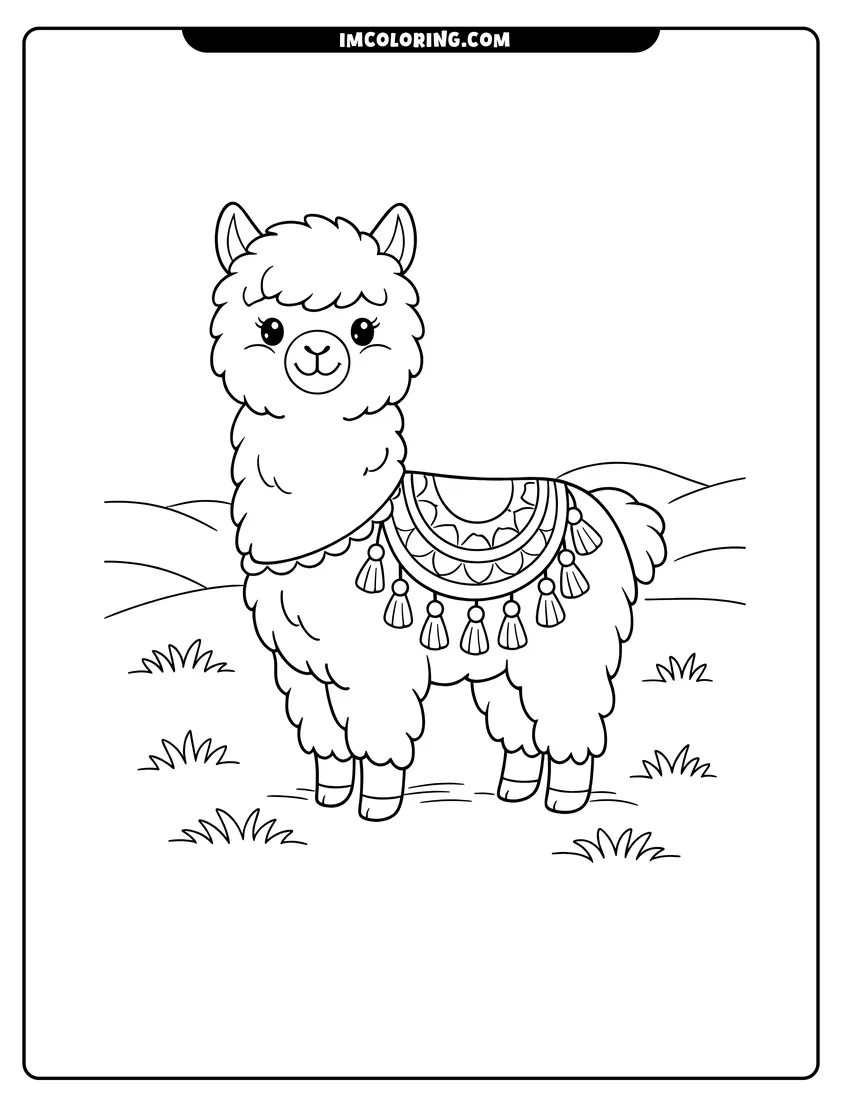 Kids activity sheet showing Smiling alpaca wearing a fringed tassel saddle blanket