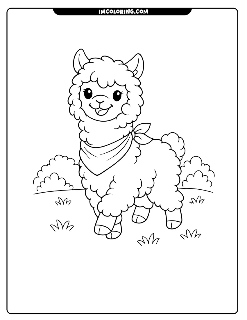 Easy-to-color Cheerful alpaca wearing a bandana around its neck illustration