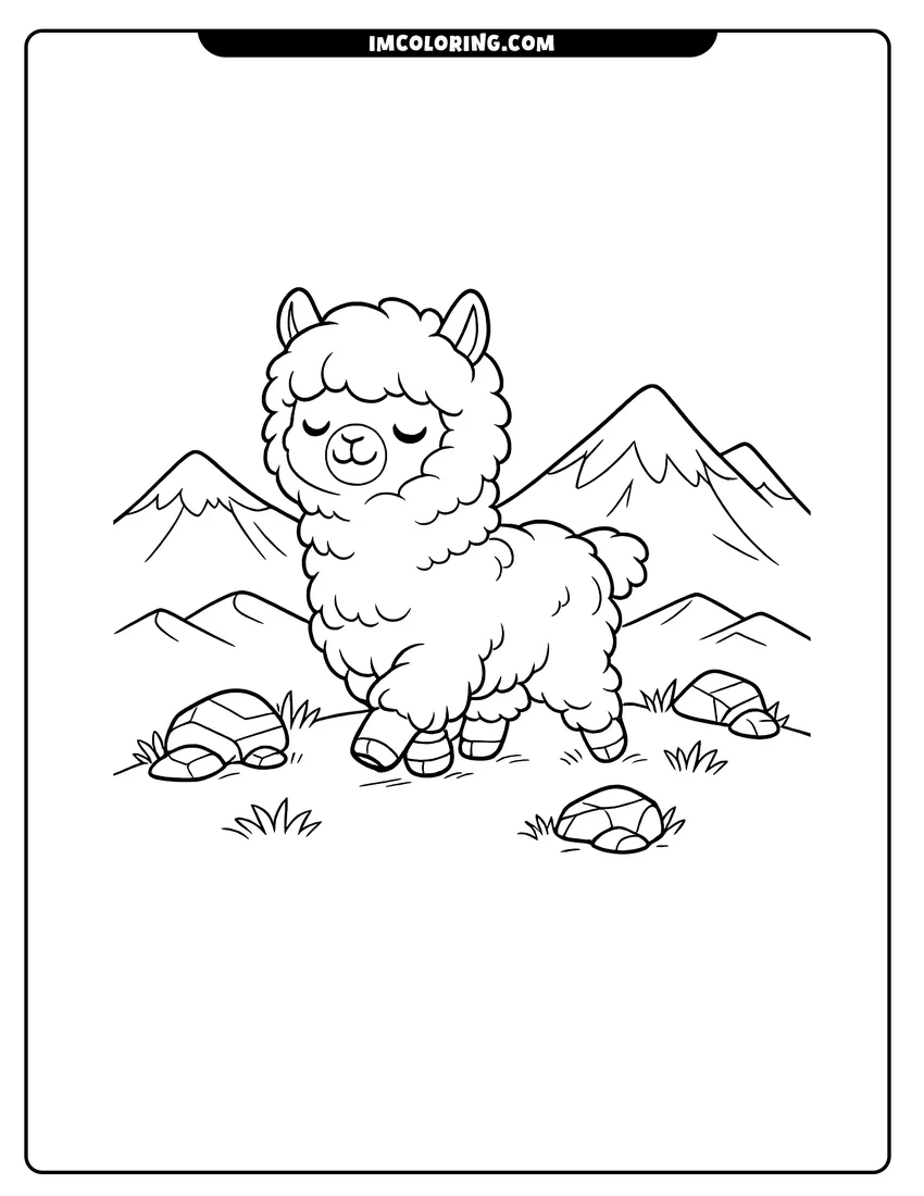 Outline of Cartoon alpaca walking on a hill with snowy mountains on a white background