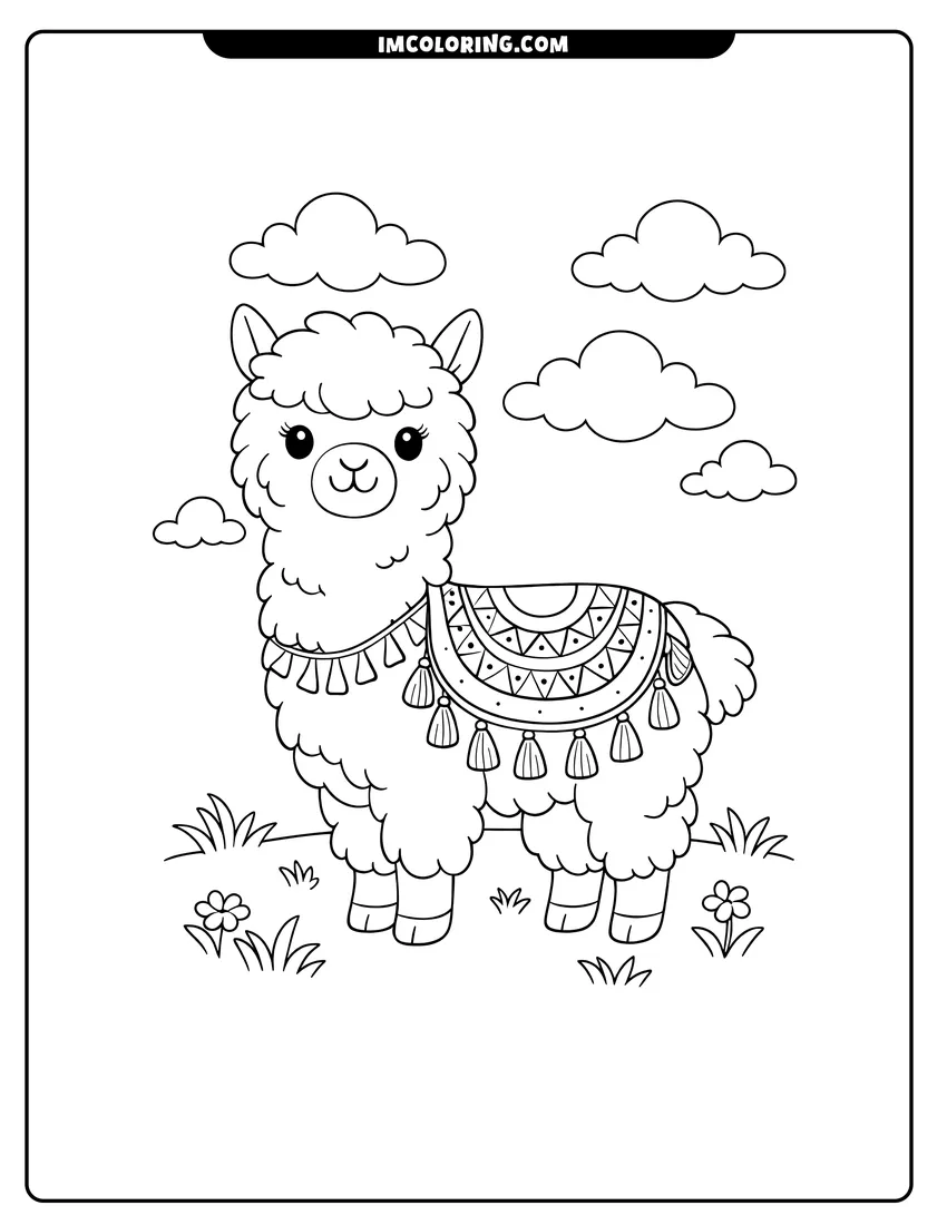 Smiling alpaca wearing a decorative geometric saddle blanket coloring page for preschoolers